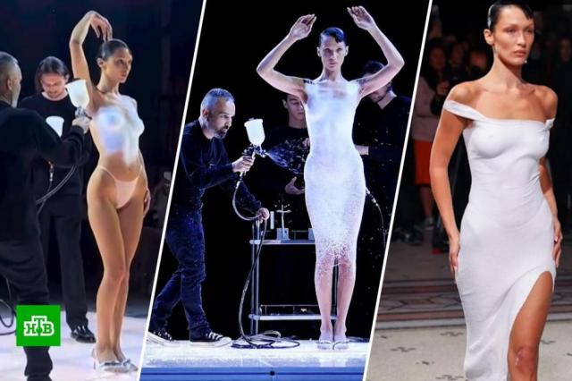 Модель Белла Хадид поразила публику платьем из жидкой ткани на Неделе моды в Париже