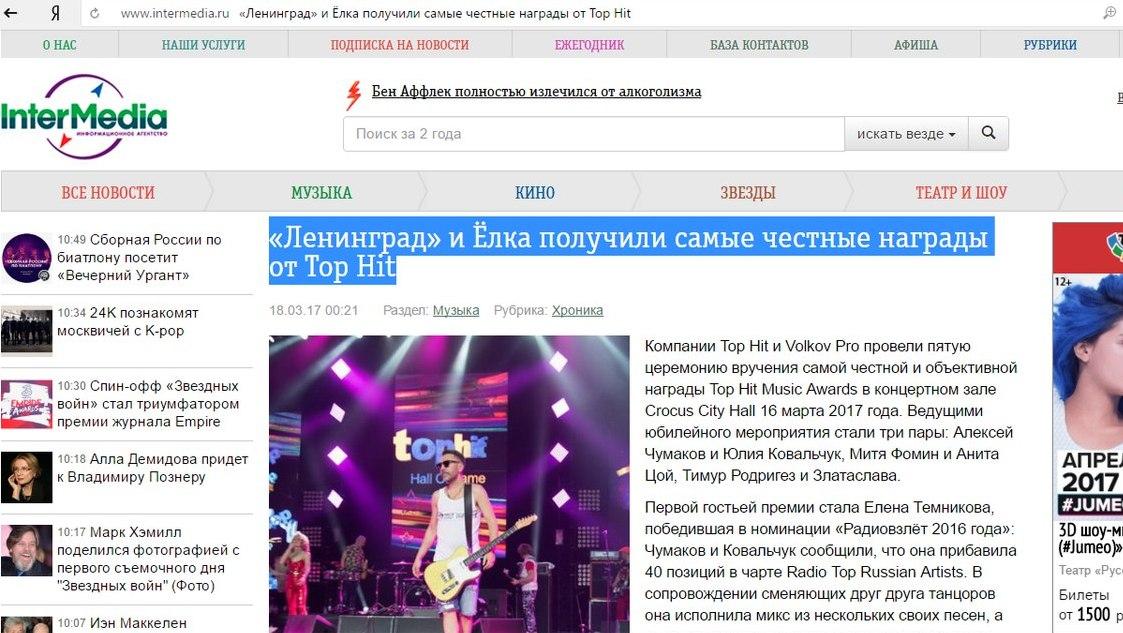 Intermedia, «Ленинград» и Ёлка получили самые честные награды от Top Hit