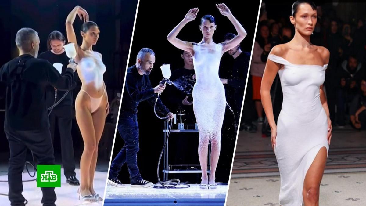 Модель Белла Хадид поразила публику платьем из жидкой ткани на Неделе моды в Париже